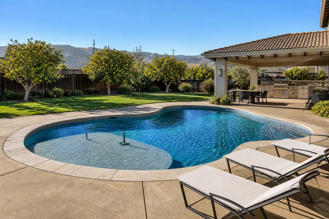 Family backyard with kidney-shaped pool and tanning ledge