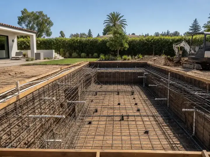 Pool excavation with steel rebar in place