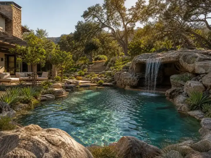 Naturalistic freeform pool with boulder waterfall under oak trees