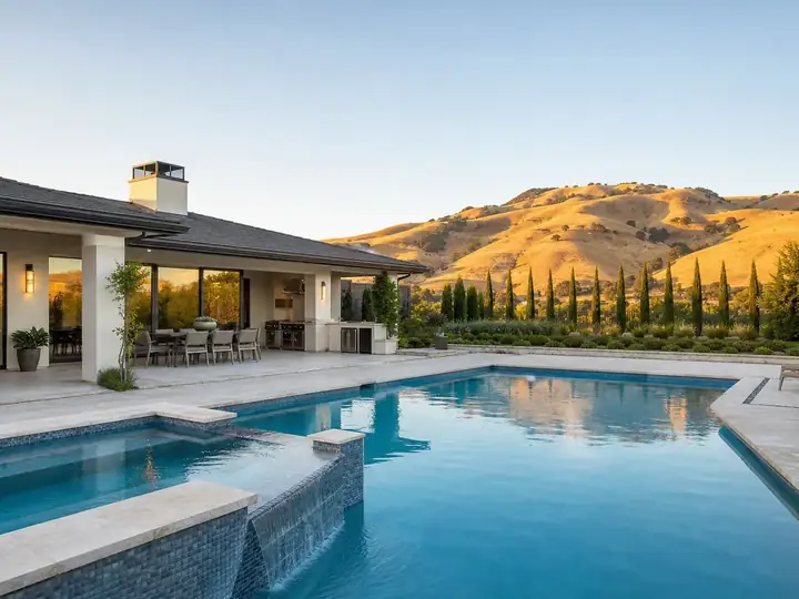 Modern rectangular pool with spillover spa and travertine deck