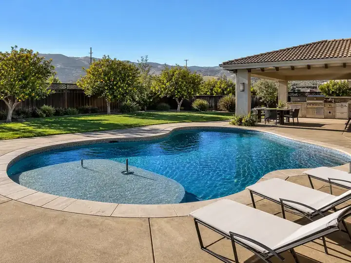 Backyard pool with a tanning ledge and lounge deck